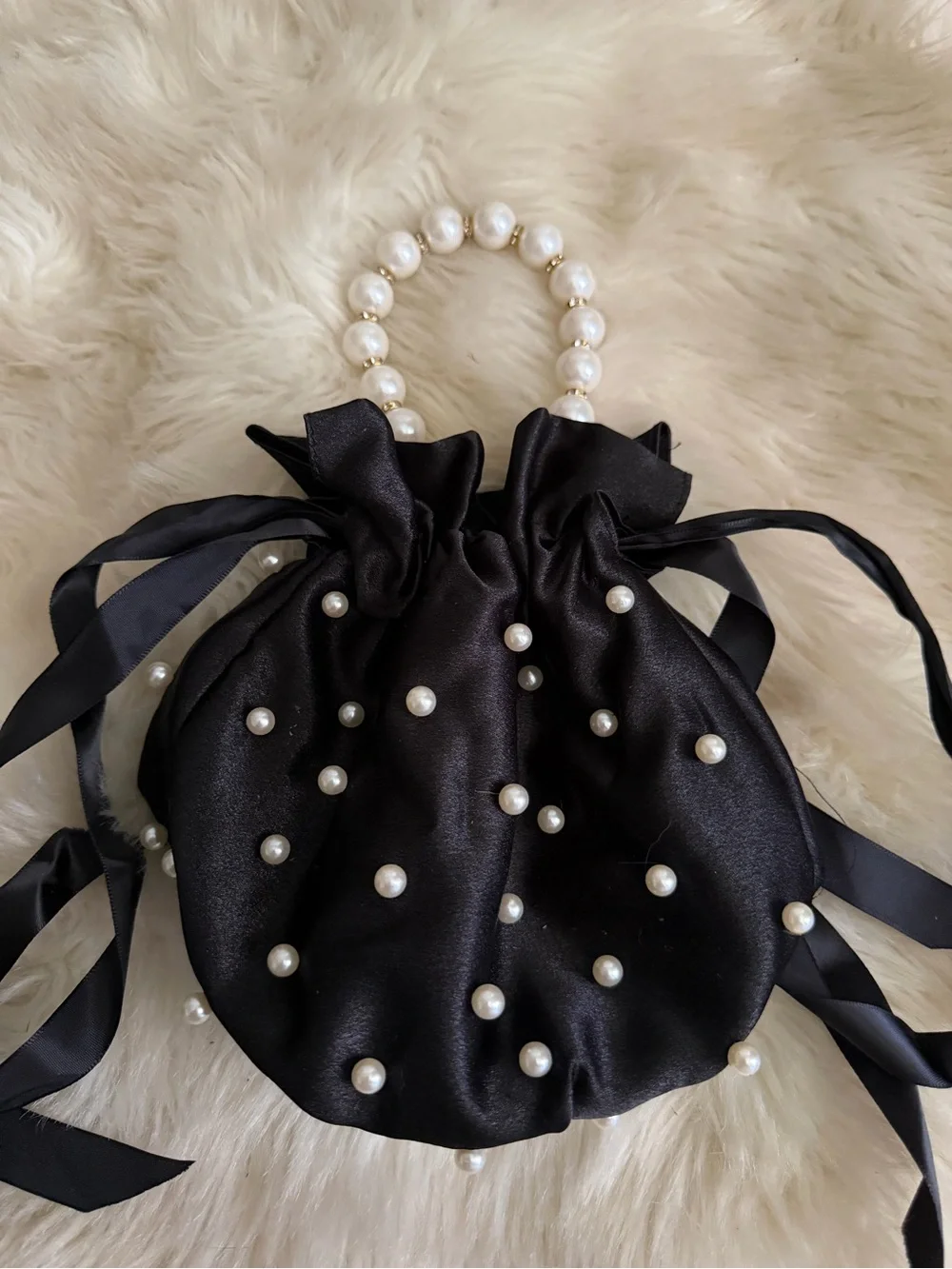 Pearl-Handle Black Satin Drawstring Satchel